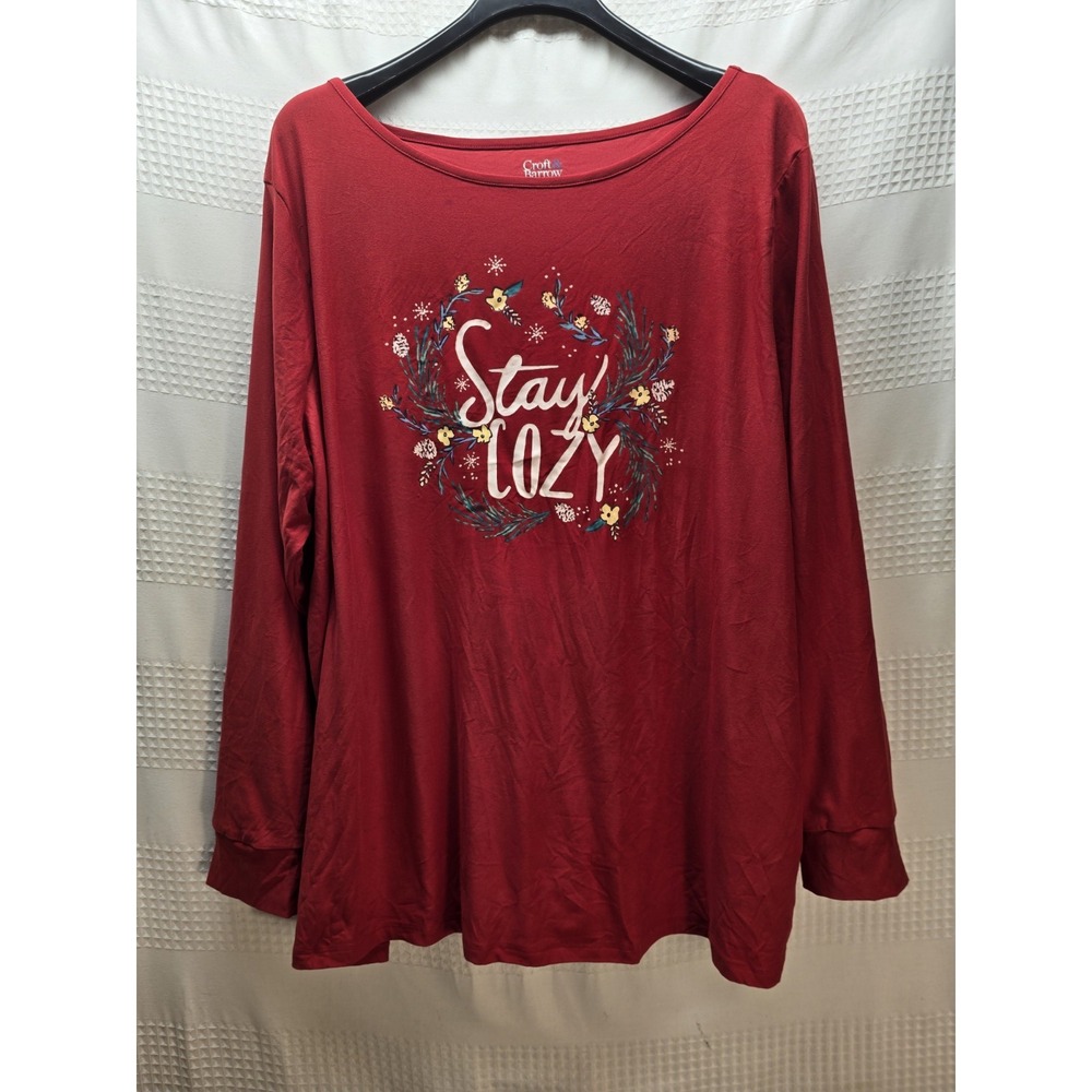Croft & Barrow Stay Cozy Pajama Top Womens 3X Red Long Sleeve Sleep Shirt 8123